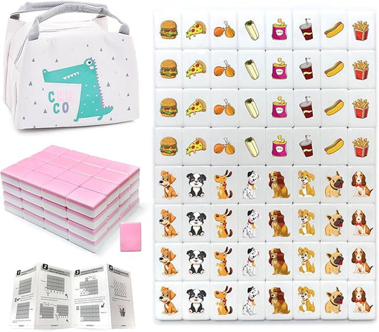 Seaside Escape Game Blocks, Mahjong Tile Game Sets with 65 Tiles 38mm Pet and Food Pattern with Bag.