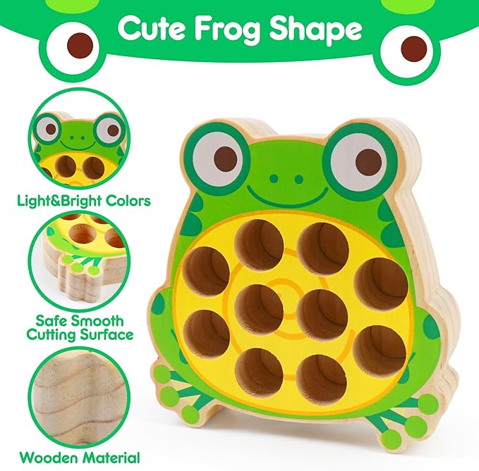 Magnetic Wooden Fishing Game Toys for Toddlers,Wooden Frog Magnets Fishing Learning Color Sorting Puzzle Montessori Preschool Educational Fine Motor Skills for 3 4 5 Years Old Boys Girls