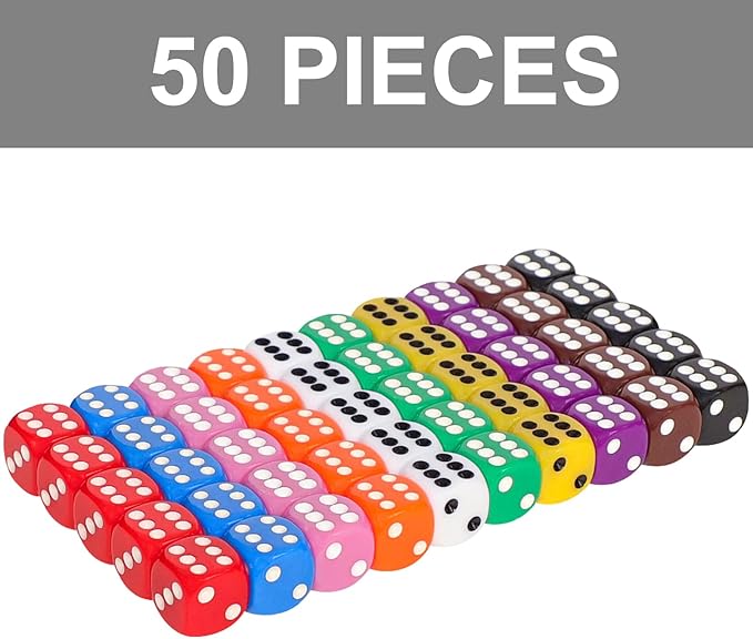 50 Pieces 16mm Colored Dice Set, Bulk Dice in 10 Colors with a Blue Drawstring Storage Bag, 6 Sided Dice for Board Games