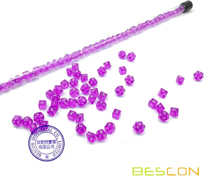 Bescon 49pcs Gem Purple Mini Polyhedral Dice Set in Long Tube, Gem Mini Dungeons and Dragons RPG Dice 7X7pcs, Long Stick Set