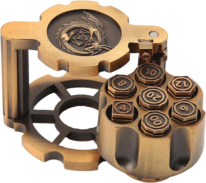Revolver Dice, Metal Polyhedral Bullet Dice Set with Spinning Revolver Cylinder Container & Seven Polyhedral Dice for Tabletop Games, TRPG Board Games
