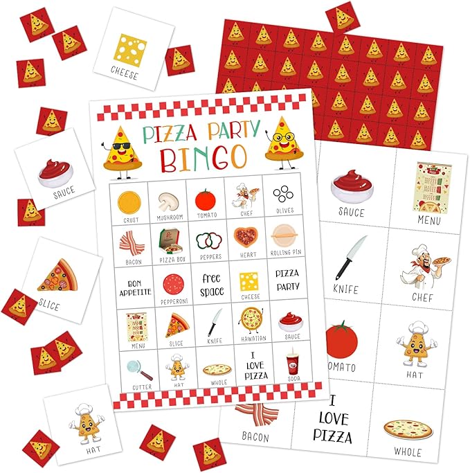 Pizza Party Bingo Game - 24 Player Bingo Cards for Women, Men, Family & Friends - Holiday Party Activities & Supplies - JK0102