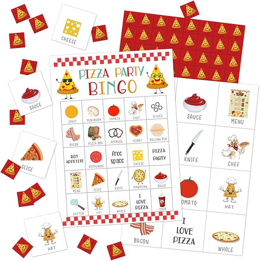 Pizza Party Bingo Game - 24 Player Bingo Cards for Women, Men, Family & Friends - Holiday Party Activities & Supplies - JK0102