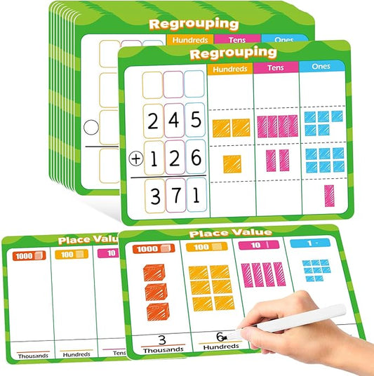 12 PCS Place Value Chart Dry Erase Flash Cards, Addition and Subtraction Learning Math Games for Kids, Base Ten Board Math Manipulatives 1st 2nd 3rd Grade Teacher Classroom Must Haves
