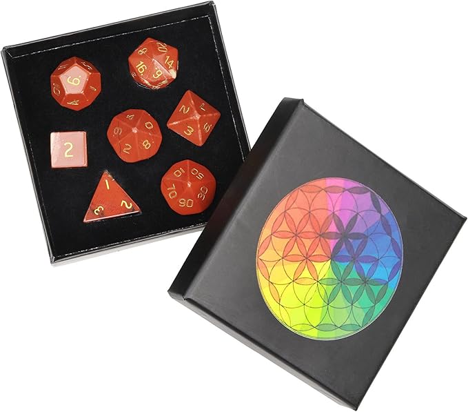 Nupuyai Healing Red Jasper Crystal D&D Polyhedral Dice Set with Box for Dungeons and Dragons, Set of 7 Table Top Game Dice for RPG MTG Roleplaying Collection