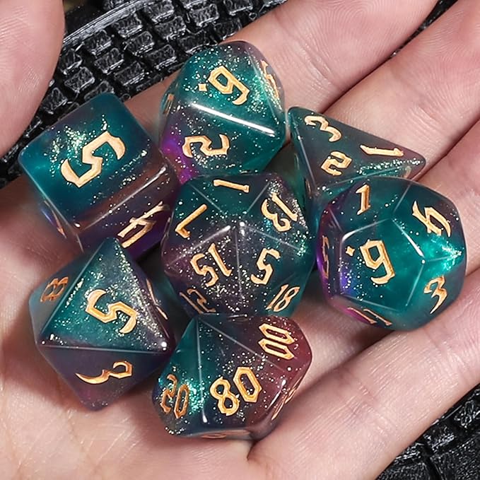 CiaraQ DND Polyhedral Dice Set for Dungeons and Dragons RPG MTG Role Playing Table Games-with 1 Dice Pouch (Blue + Purple + Glitter)