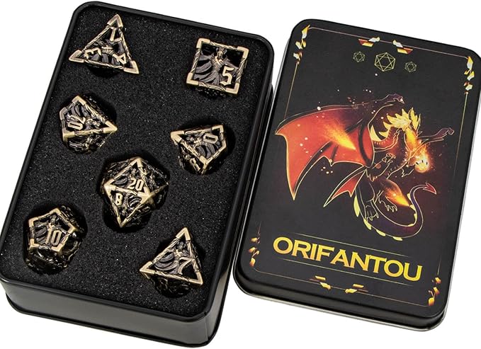 Hollow DND Dice Set Metal Wizard Dice with Box, 7pcs Bronze Polyhedral D and D Dice for use with D&D RPG Tabletop Games Role Playing Game
