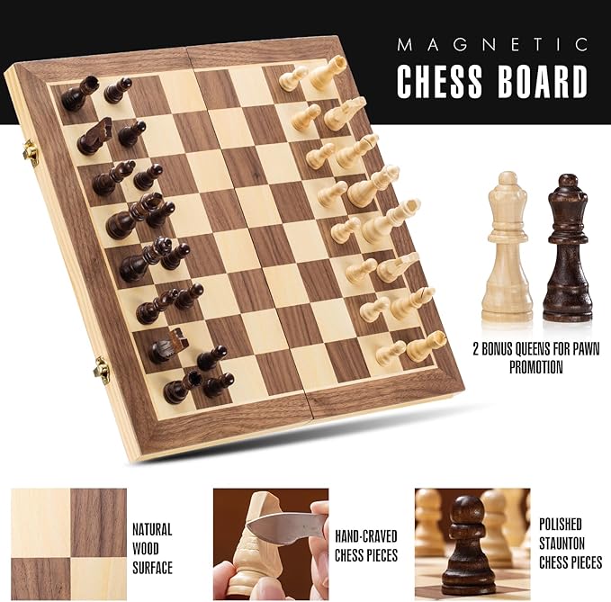 ASNEY Upgraded Magnetic Chess Set, 15" Tournament Staunton Wooden Chess Board Game Set with Magnets, Crafted Chesspiece ans Storage Slots for Kids Adult, Includes Extra Queens