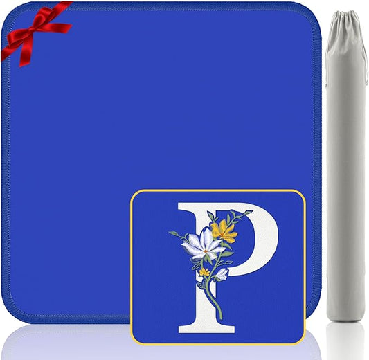 Mahjong Mat for Table | Neoprene Anti-Slip Noise Reduction | 32.4x32.4 Inch Blue | Perfect for American Mahjong, Poker, Card & Board Games | Great Gift Idea(Custom Letter P Edition)