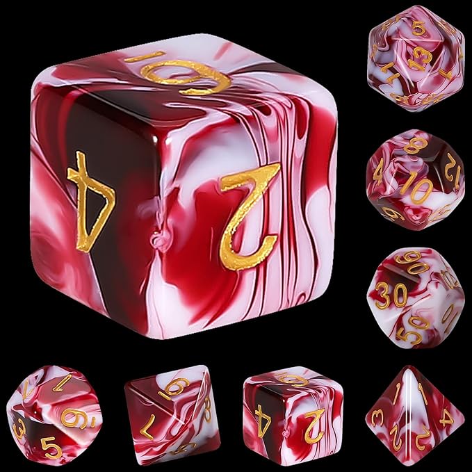 QMAY DND Dice Set -D&D Polyhedral Dice (7 Pcs) for Dungeons and Dragons (Blood red and White)