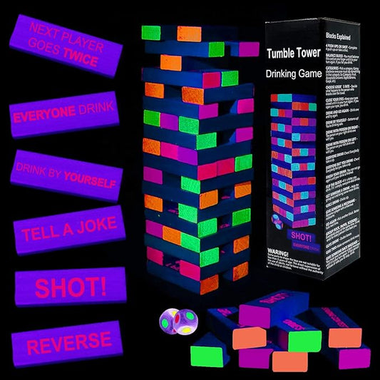 Drinking Games for Adults Party, Black Light Tumble Tower -Glowing Drinking Games Suitable for Day Or Night, 54 Blocks with Hilarious Drinking Commands, Stacking Games for adults party