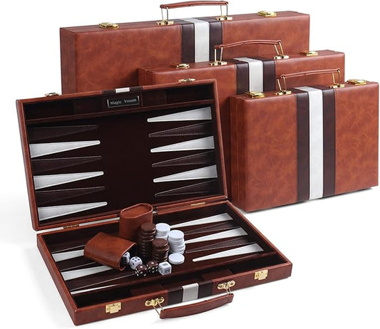 Travel Medium 15 Inch Backgammon Brown Sets Classic Board Game with Premium Leather Case, Portable Travel Strategy Backgammon Game Sets for Adults, Kids (Brown,Medium)