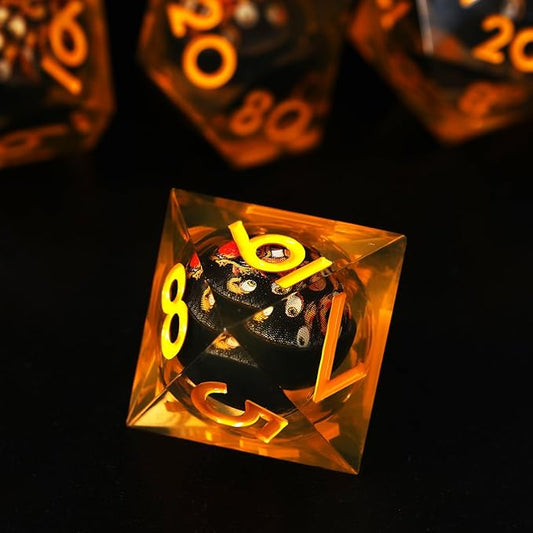 Cthulhu Beholder Polyhedral Resin Dice Set for Dungeons and Dragons Sharp Edge 7 PCS for D&D RPG Starter and Role-Playing Games, with Gift Box (Yellowish-Orange)