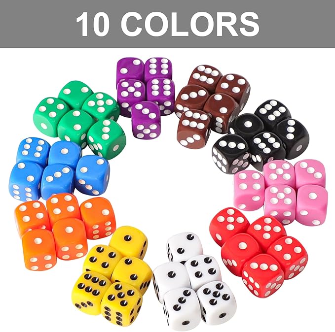 50 Pieces 16mm Colored Dice Set, Bulk Dice in 10 Colors with a Blue Drawstring Storage Bag, 6 Sided Dice for Board Games