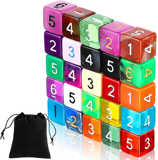 TecUnite 25 Pieces Colored Dice 6 Sided Dice Set, 6 Sided Standard Dices with Black Drawstring Storage Bag for Board Games, Parties, Math Learning, Classroom(Colorful,Number Style)