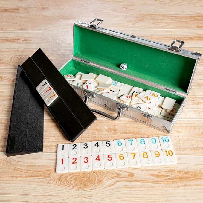 106 Tiles Rummy Game - Travel Games Rummy Board Game Rummy Set with Aluminum Case & 4 Anti-Skid Durable Trays