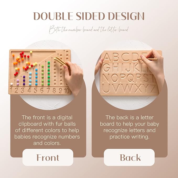 bopoobo Wooden Double-Sided Bead Board with Wooden Alphabet Tracing Board Montessori Color Sorting Toy Math Counting Game for Kids Letter Tracing for Kids Ages 3-5 - Learn to Write