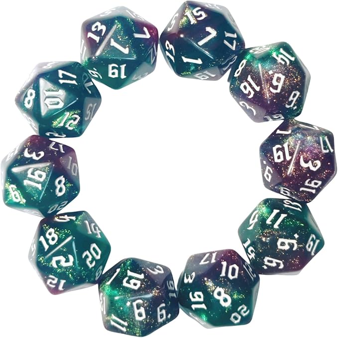 10PCs D20 Polyhedral Dice Set 22mm for DND RPG MTG Dungeons and Dragons Dice (Purple+Green)