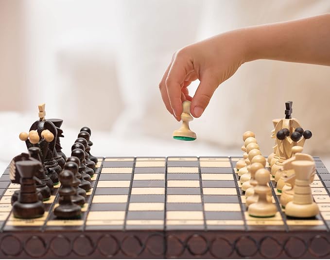 Husaria European International Chess Wooden Game Set, King's Classic - 11.3-Inch Small Size Chess Set with Folding Board and Felt Bottom Chessmen