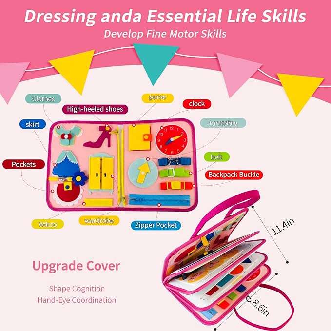 Montessori Busy Board for Toddlers 1-3 Years Sensory Activity Board with Zipper, Buckle, Laces - Educational Travel Toy, Learning Fine Motor Skills, Montessori Toys for 1 2 3 Year Old Boys Girls