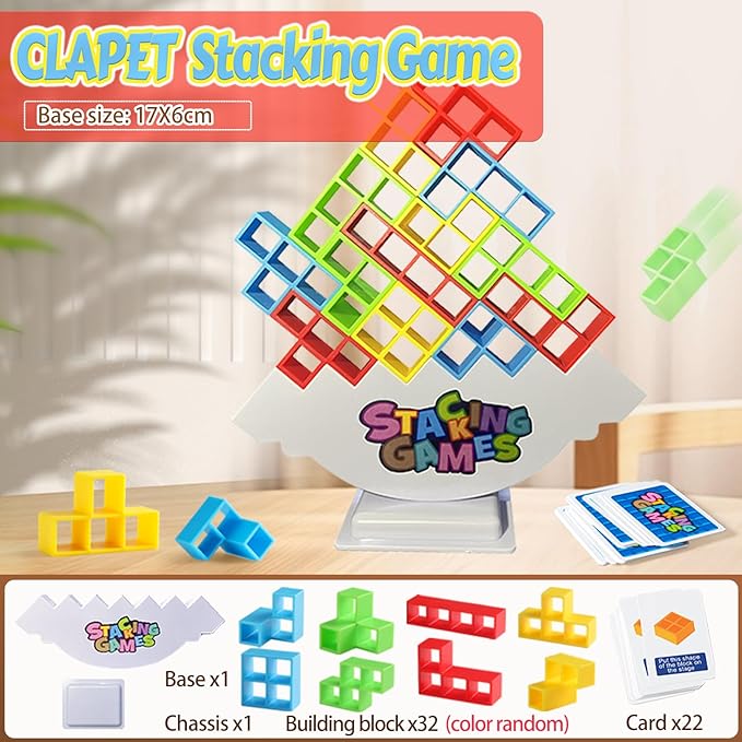 32 Pcs Tetra Tower Stacking Game, Fun Balance Building Blocks Board Games for Kids Adults Family Party, Toys Gifts for Boys Girls Ages 3-12