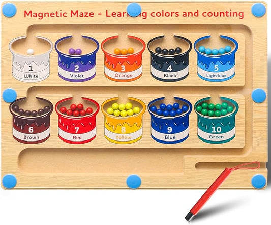 Magnetic Color and Number Maze Wooden Sorting Board - Montessori Puzzle Toy for Kids 3+ Years Old to Learn Colors and Counting
