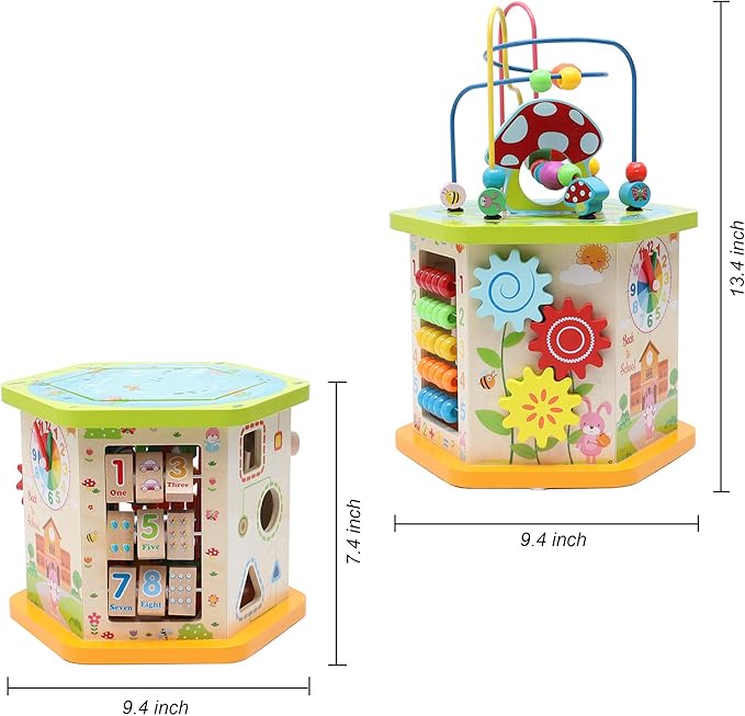 LAVIEVERT 9-in-1 Wooden Play Cube Activity Center Multifunctional Bead Maze Shape Sorter Educational Toys Game for Toddlers & Kids