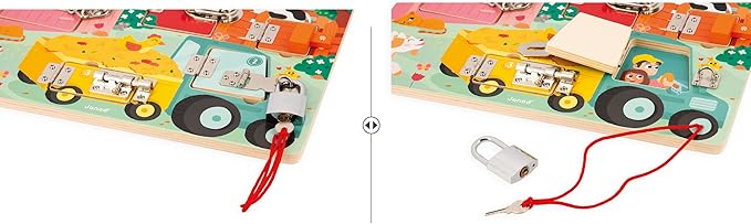 Janod J07119 Farm Padlock Activity Board with 5 Opening Types of Wooden Toys, FSC- from 3 Years, Multi-Coloured
