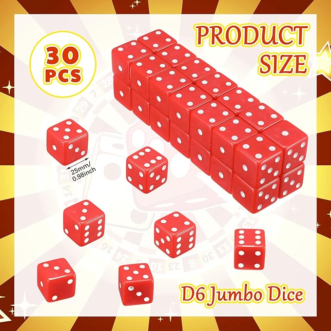 Poen 30 Pcs Standard Dice 25 mm Casino Theme Party Dice Large Opaque Jumbo Acrylic D6 Bulk Sifter for Casino Theme Party Board Vegas Birthday Supply(Red)