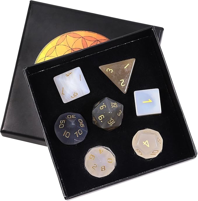 TUMBEELLUWA Engraved Crystal Stone Polyhedral Dice Set for RPG MTG Dungeons and Dragons Table Game 7 Pieces DND Board Game Dices with Pouch, Grey Agate
