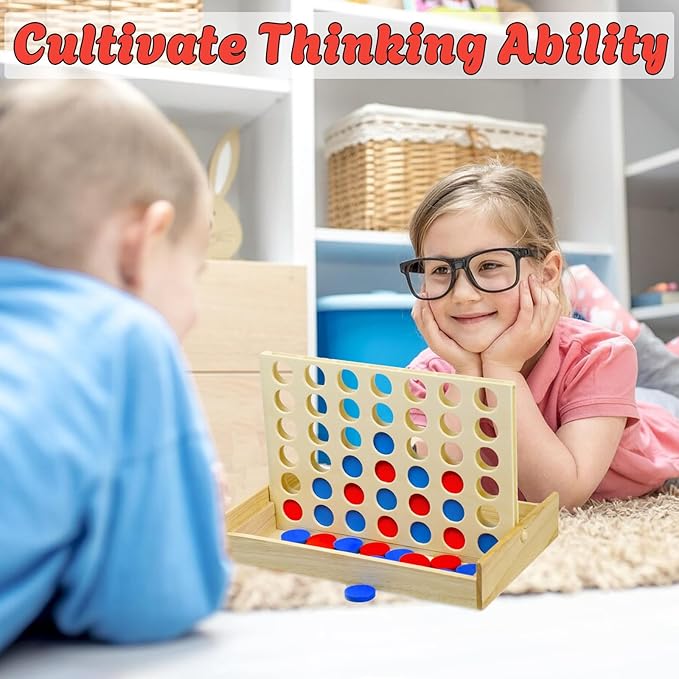 4 in a Row Wooden Connect Board Game, Foldable Line up 4 Game, Classic Strategy Family Fun Toy, Wood Connect Game for Kids and Adults (Travel Size)