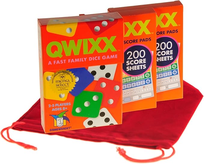 QWIXX Dice Game, 2 Replacement Scoresheet Packs, RED Velvet Drawstring Pouch, Bundled Items