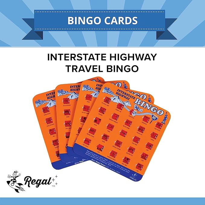 Regal Games Finger-Tip Shutter Bingo Cards with Sliding Windows - Interstate Highway Game Set - Travel Bingo Game for Adults & Kids - Reusable, No Chips & Daubers Needed - 4 Packs - Orange