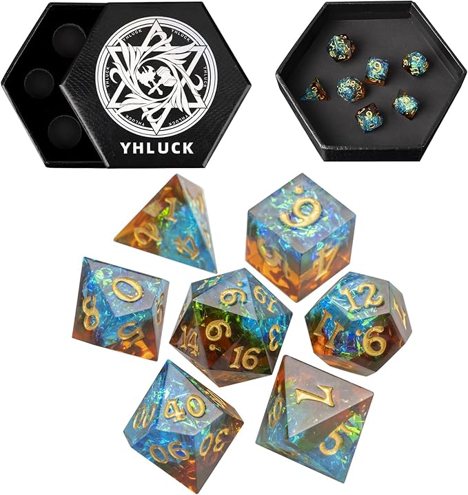 DND Dice Set Sharp Edge Galaxy Dice Handmade Resin Polyhedral Dice for Dungeon and Dragons RPG D20 Tabletop Roleplaying Party Games (Brown & Blue)