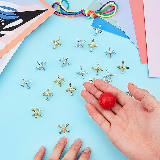 4 Set Vintage Metal Jacks and Ball Toys Kit Retro Jax Game Classic Board Games Include 40 Pieces Metal Jacks and 4 Pieces Red Rubber Balls with Bag for Kids Adults Family Holiday Party Favor