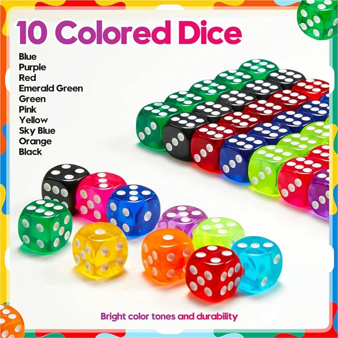 100 Pieces 16MM Colored Dice Set, Standard Bulk Colors Dices, Classroom Dice, Translucent 6 Sided Games Dice for Board Games, Parties, Classroom Math Games