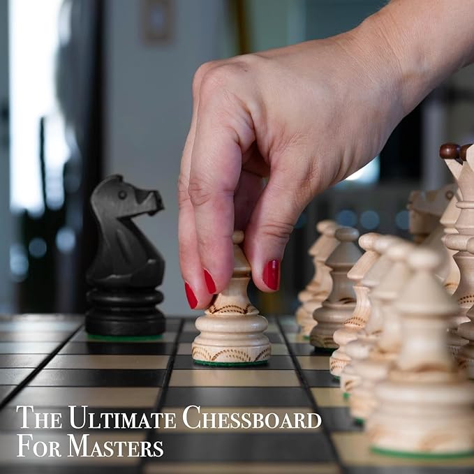 Wegiel Imperator 21-Inch Luxury Wooden Chess Set for Adults and Kids - Handcrafted from Premium Beech and Birch Wood - Unique Folding Design with Chess Piece Storage, Black