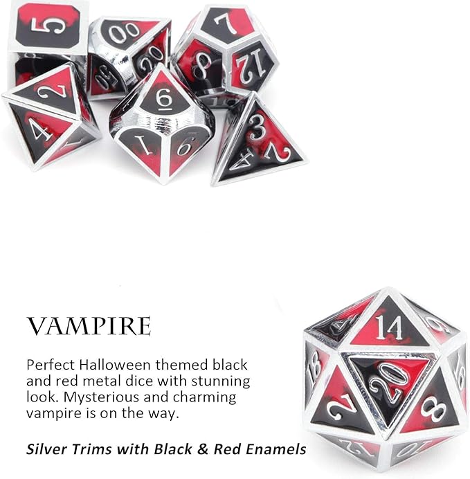 Haxtec DND Metal Dice Set D&D Red and Black Metal DND Dice for Dungeons and Dragons RPG Games-Vampire(Silver Black Red)