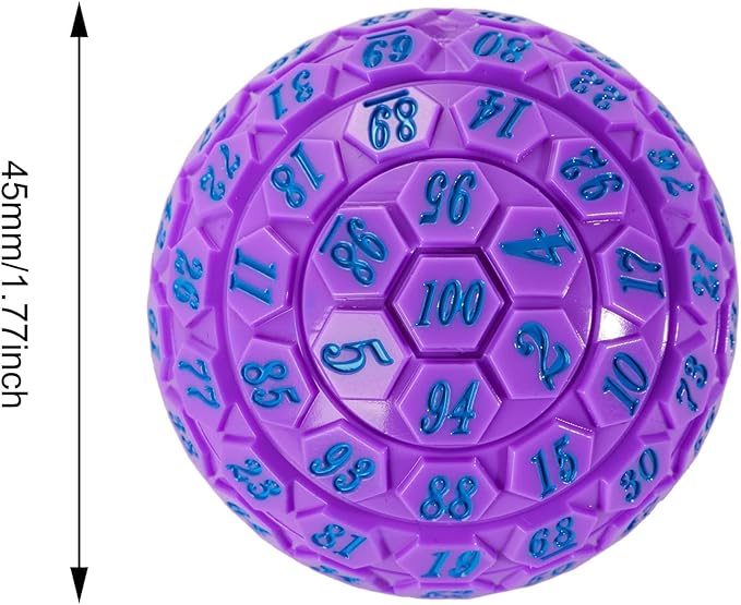 100 Sided Polyhedral Dice, Single D100 Game Dice, 100 Sided Cube with Black Pouch, D100 die 48 mm (Purple with Blue Number)