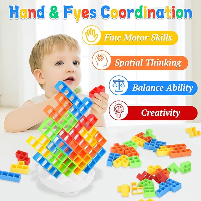 70 Pcs Tetra Tower Stack Game, Tetra Balance Tower Game for 2 Players+, Building Blocks Stacking Balance Games Toys for Kids, Adults, Friends, Classroom, Family and Travel Party