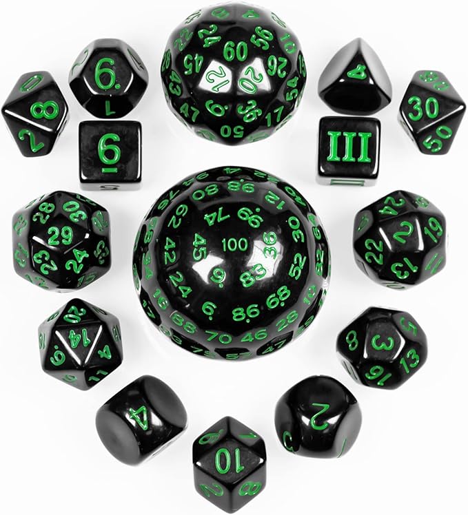 15 Pieces Complete Polyhedral DND Dice Set D3-D100 Spherical D&D Dice Set with Dragon Eye Dice Bag, D100 Dice for Dungeons and Dragons, RPG, MTG Table Games(Black w/Green Numbers)