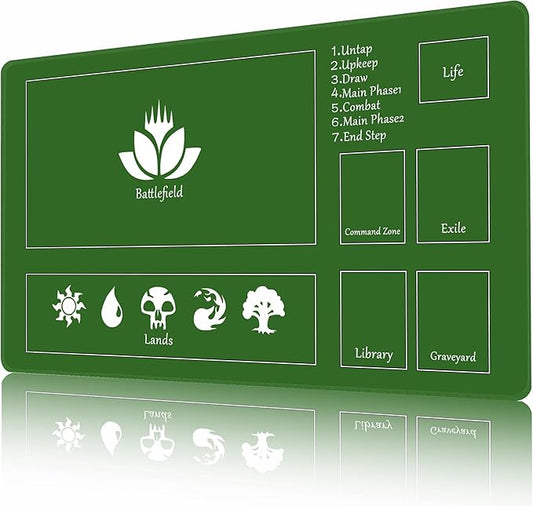 MTG Playmat Stitched with Magic Zone Non-Slip Rubber Backing Printing Commander Board Game Desk Mat Duel Mat TCG PTCG Playmat 24x14 inches and Free Storage Bags (Green)