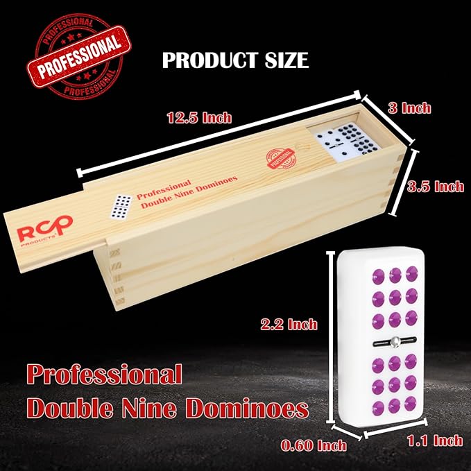 Dominos Set for Adults – Professional Double 9 Dominoes Set of 55 Tiles for Adults, Metal Spinner, Classic and Travel Board Game with Wood Case Juegos de Mesa (White)