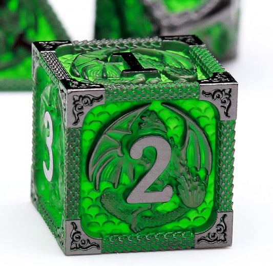 Haxtec Metal Dice Set Green Black Dragon Pattern Metal DND Dice with Leather Dice Bag Polyhedral D&D Dice for Dungeons and Dragons TTRPG Gifts