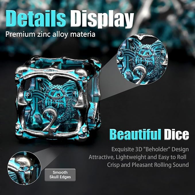Beholder Dice Set DND, Dragon Eye Dice, ZHOORQI 7PC/Set Polyhedral Dices for Dungeons and Dragons, RPG, Eye Monster D&D Gifts（Eye -Retro Blue）