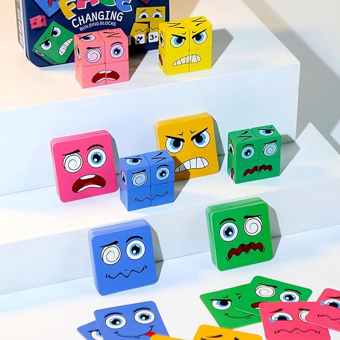 Wooden Face Changing Magic Cube Game, Montessori Puzzle Game for Kids Educational Face Changing Cubes