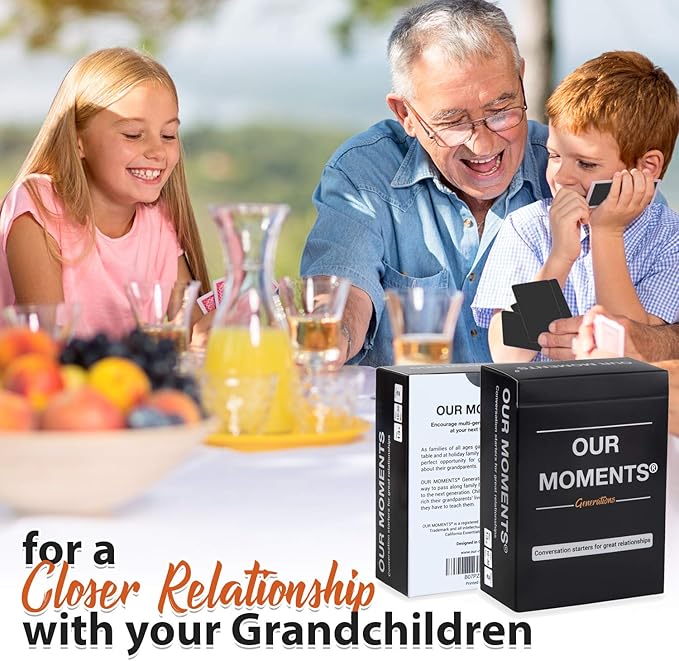 OUR MOMENTS Generations Game: 100 Conversation Starters for Grandparents & Grandchildren, Portable Cardstock Tabletop Game for Family Dinner, Car, Camping, Road Trip