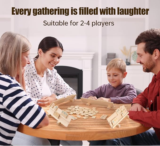 Rummy Cube Game 2-4 Players with 4 Wooden Racks/Trays and Wood 106 Rummy Cards, Large and Bright Number Edition Rummy Tiles, Toys for Families Friends Adults