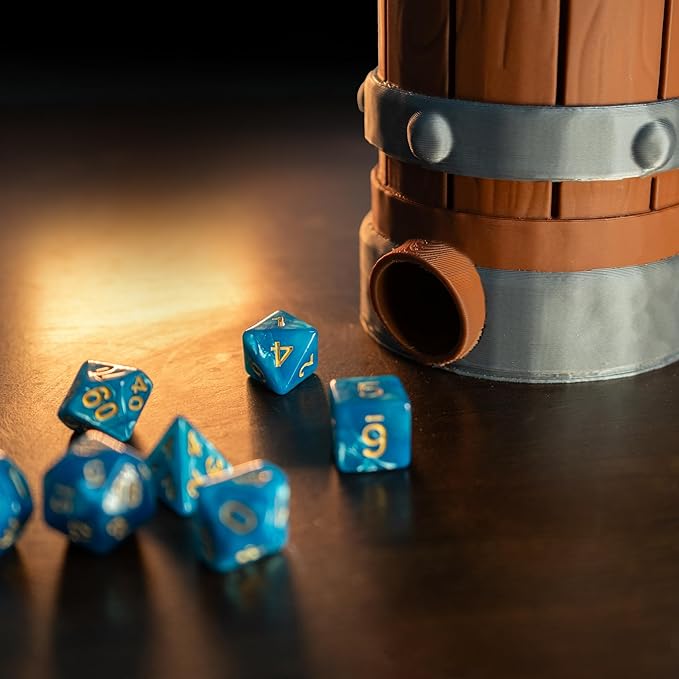 Mug Dice Tower - Dice Rolling Tower, for DND and Tabletop Games, Drink Holder, Tavern Style Board Game Roller, Comes with Random Polyhedral dice, Brown / Grey, BGRS02