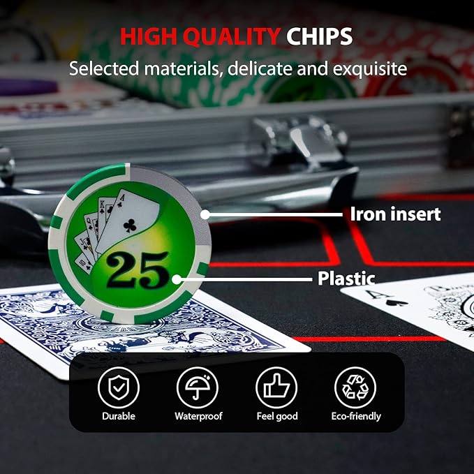 Boyzhood Poker Chips with Numbers,500PCS Poker Chip Set with Aluminum Travel Case,11.5 Gram Poker Set for Texas Holdem and Blackjack Gambling.